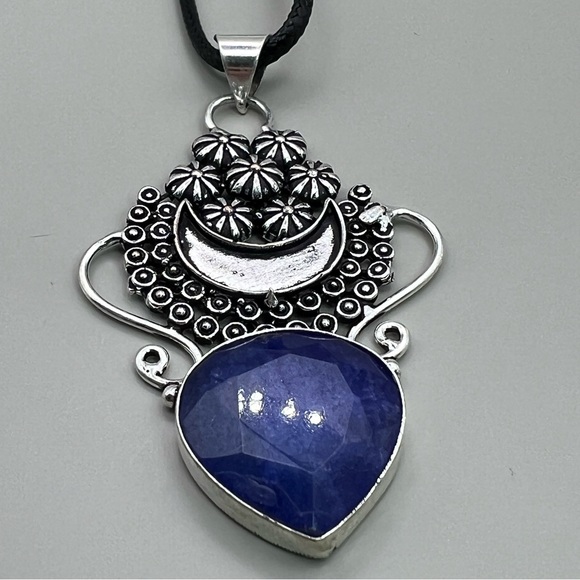 New Faceted Enhanced Sapphire Stone Silver Overlay Pendant Necklace with Cord - Picture 6 of 6